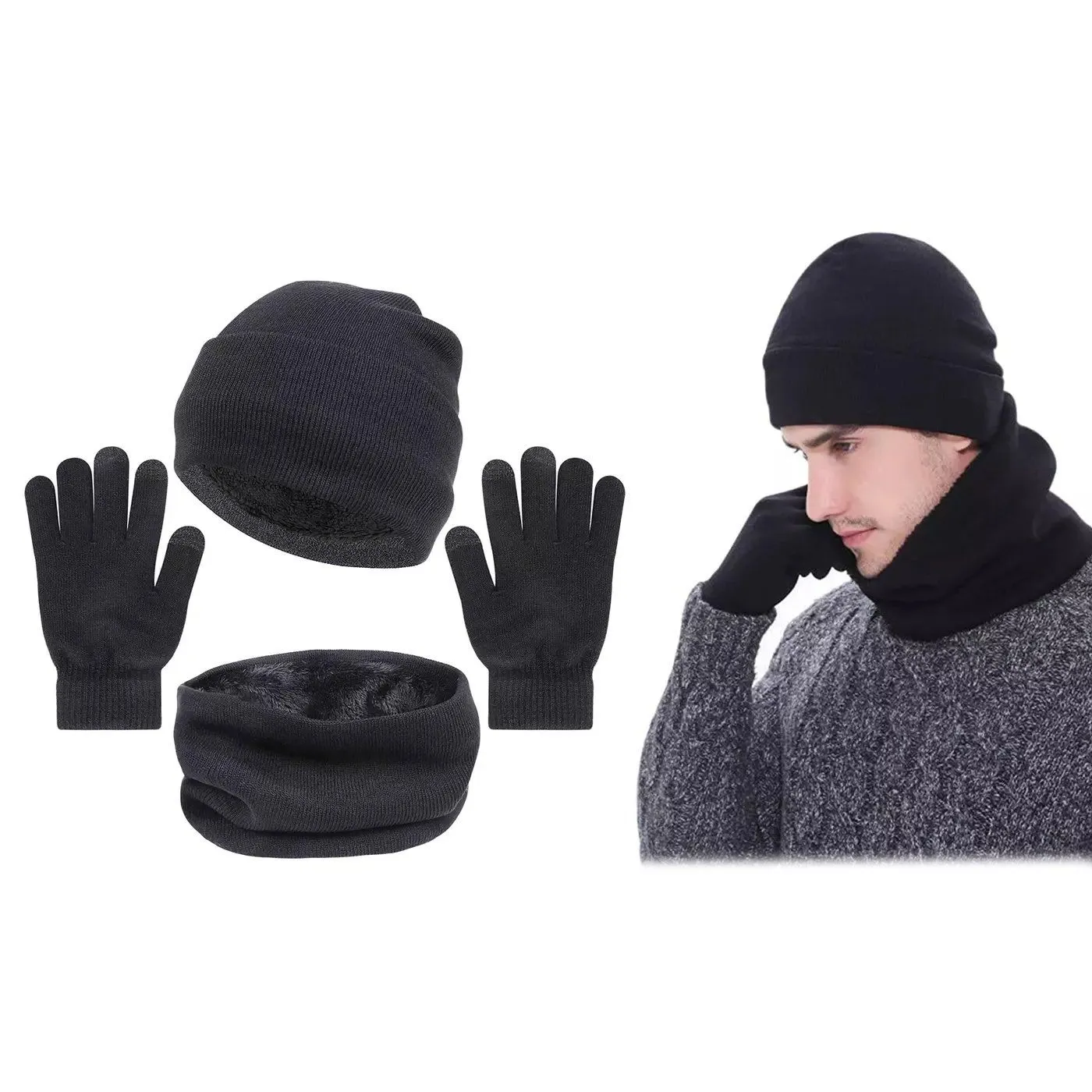 3-Piece: Winter Beanie Hat Scarf Gloves for Men