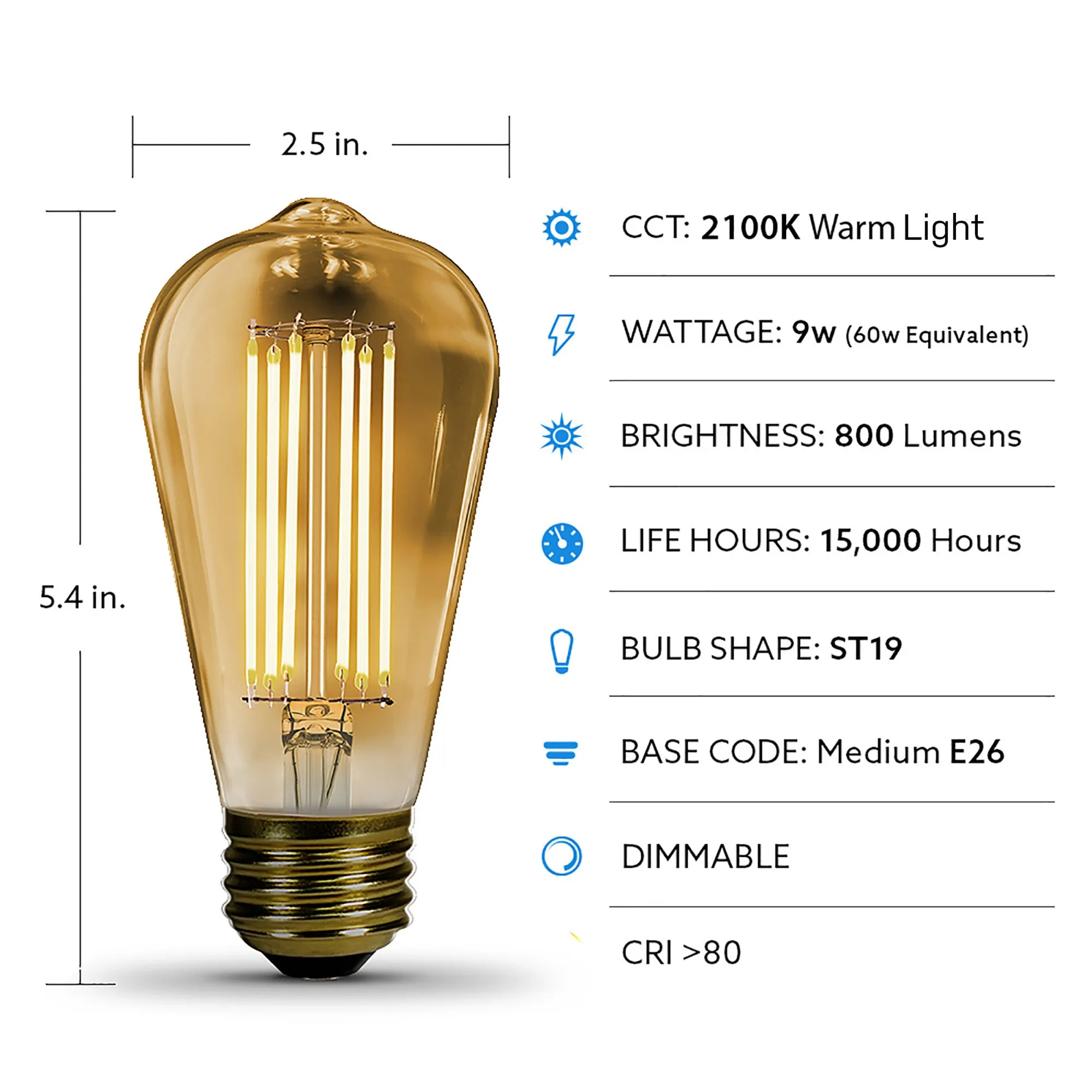 9W (60W Replacement) ST19 E26 Dimmable Straight Filament Amber Glass Vintage Edison LED Light Bulb, Warm Light