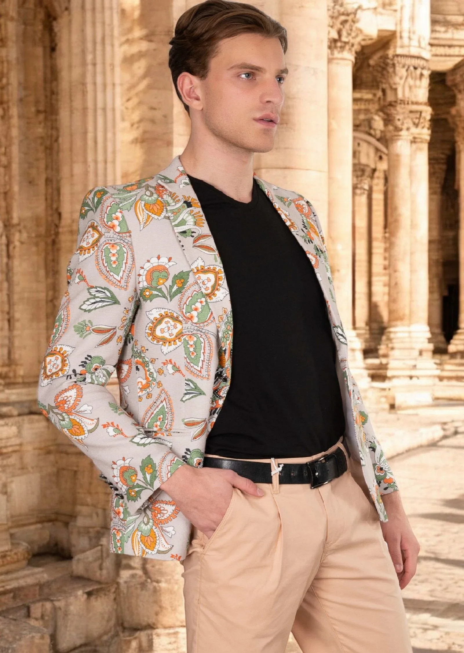 Beige Orange Bloom Print Blazer