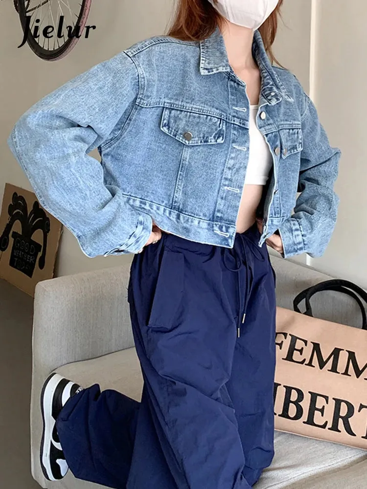 Blue Denim Women's Short Jacket Fall Korean New Fashion High Waist Short Coat Women Retro High Street Coats Female S-XL