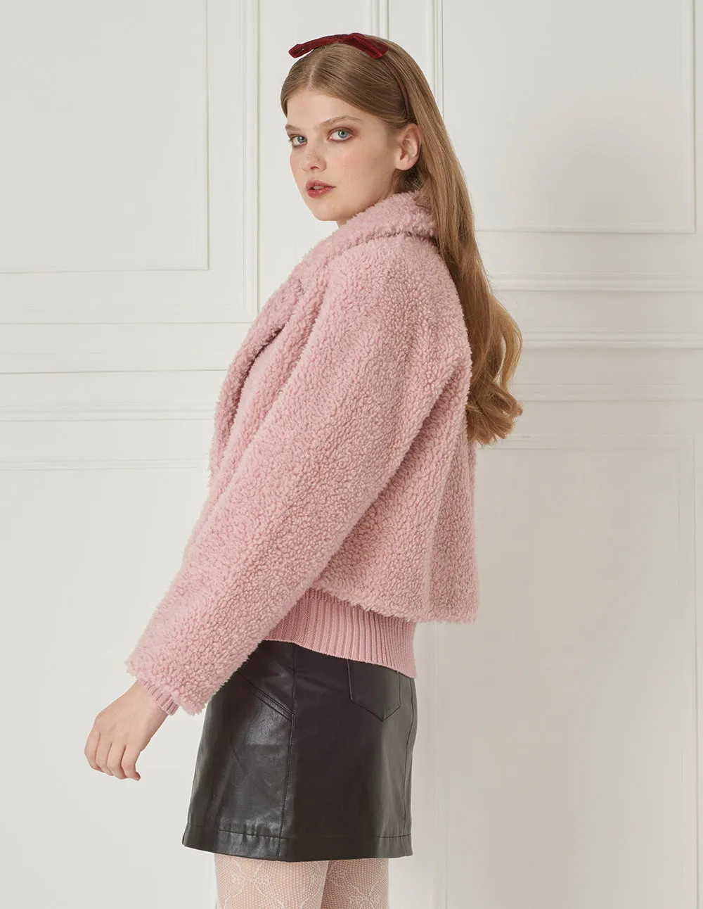 BORA AKSU Short Pink Sheep's Wool Plush Coat