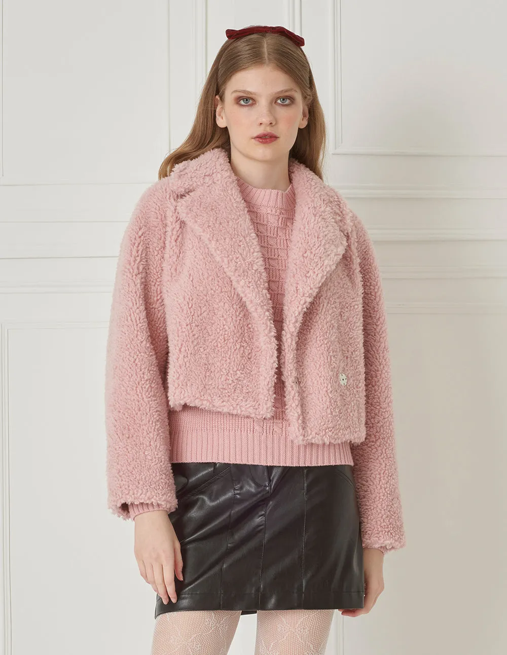 BORA AKSU Short Pink Sheep's Wool Plush Coat