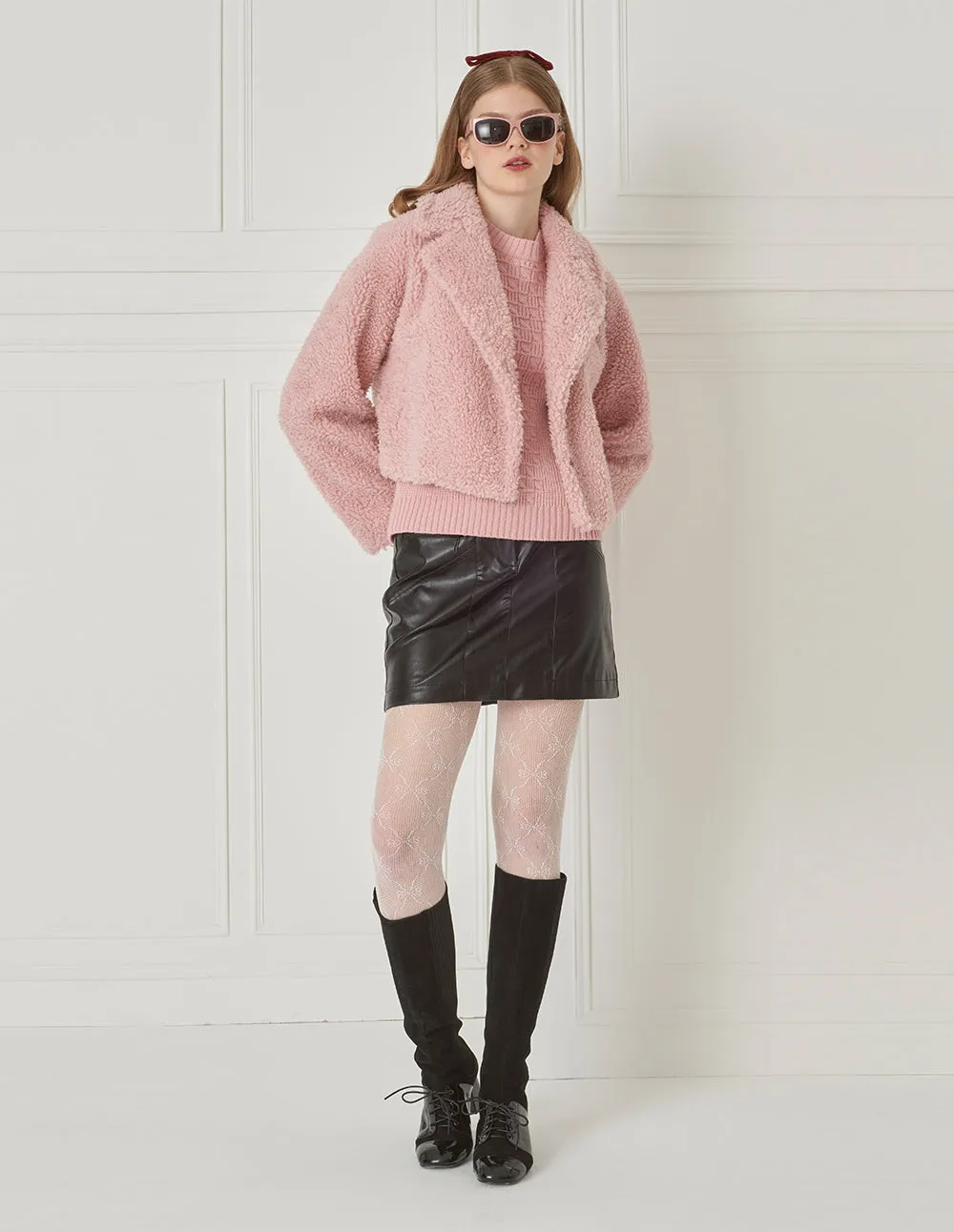 BORA AKSU Short Pink Sheep's Wool Plush Coat