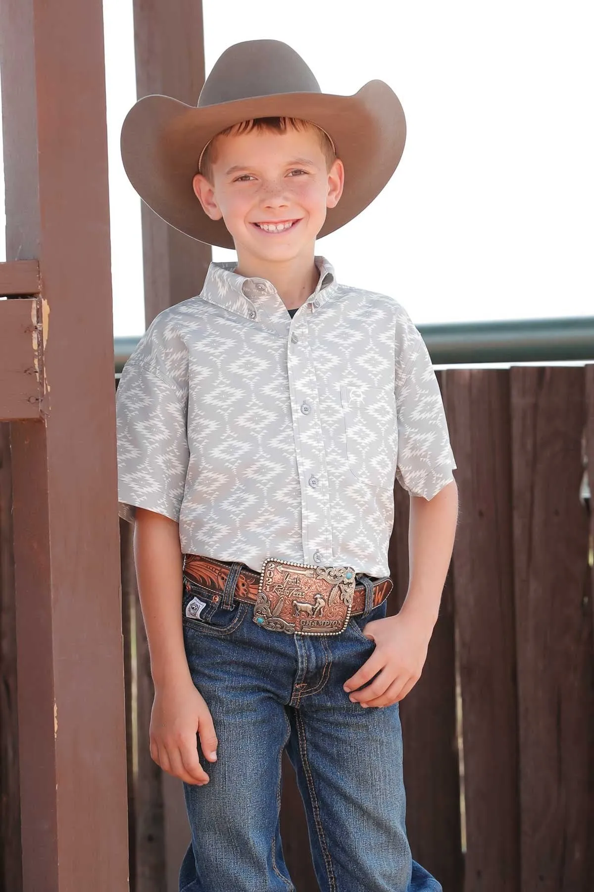 Boy's Cinch Arenaflex Grey Print Short Sleeve Button Down