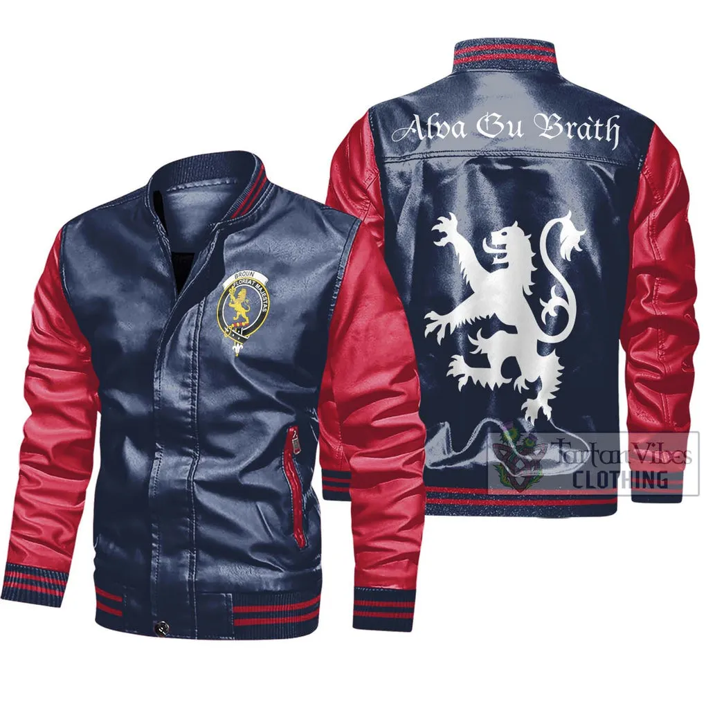 Broun Family Crest Leather Bomber Jacket Lion Rampant Alba Gu Brath Style