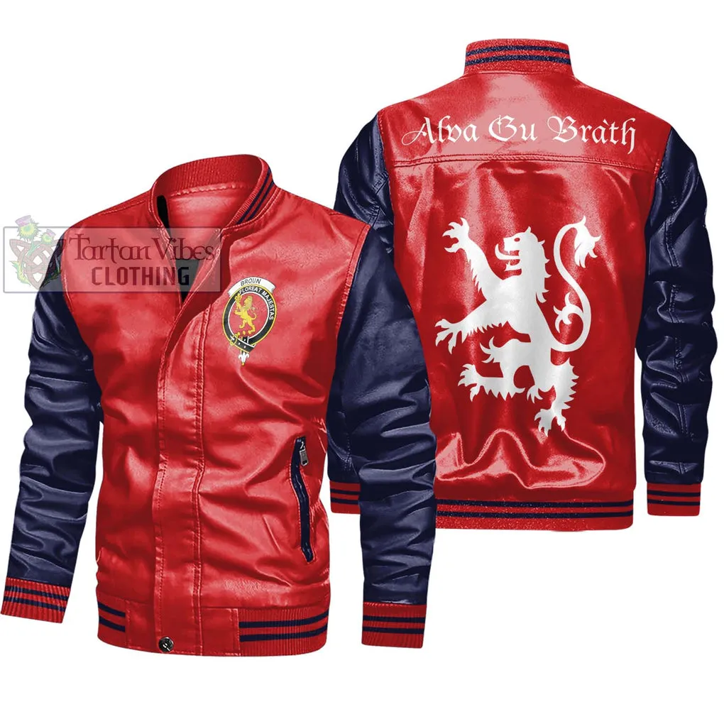 Broun Family Crest Leather Bomber Jacket Lion Rampant Alba Gu Brath Style