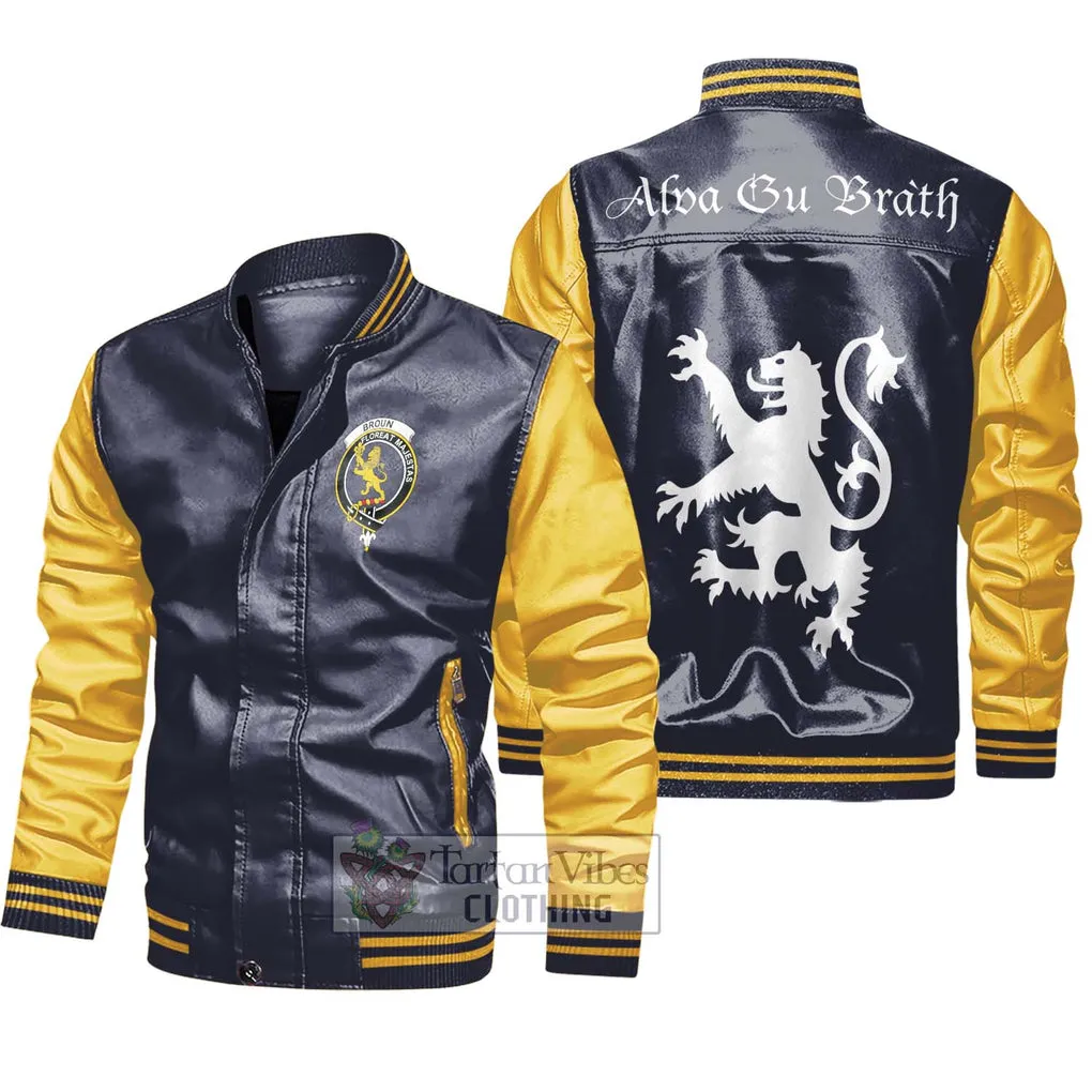 Broun Family Crest Leather Bomber Jacket Lion Rampant Alba Gu Brath Style