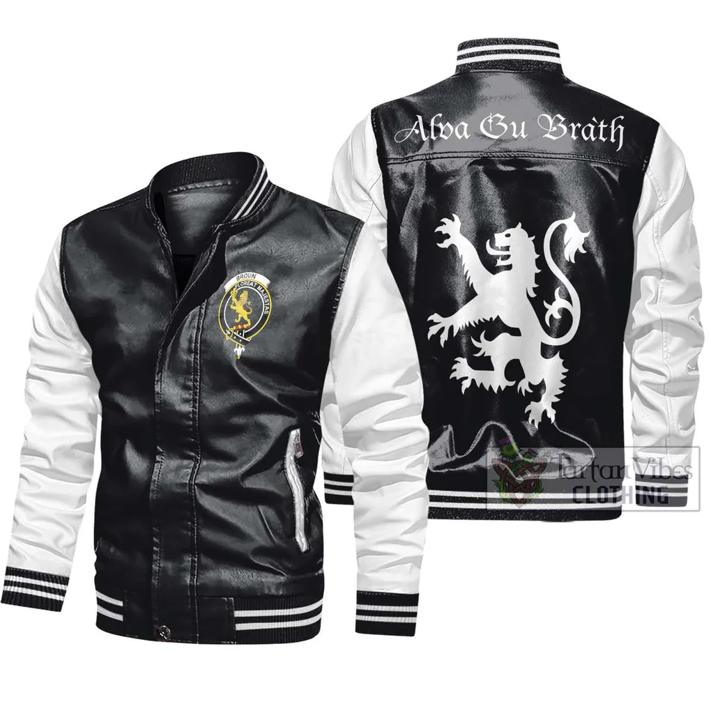 Broun Family Crest Leather Bomber Jacket Lion Rampant Alba Gu Brath Style