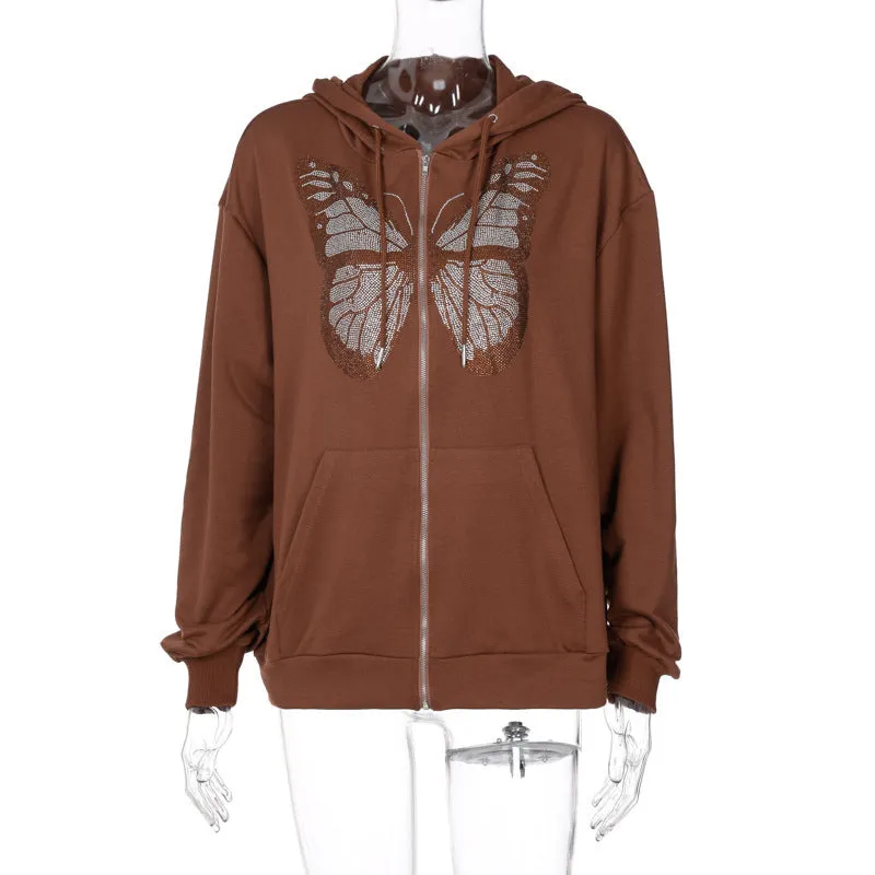 butterfly hot diamond zipper hooded