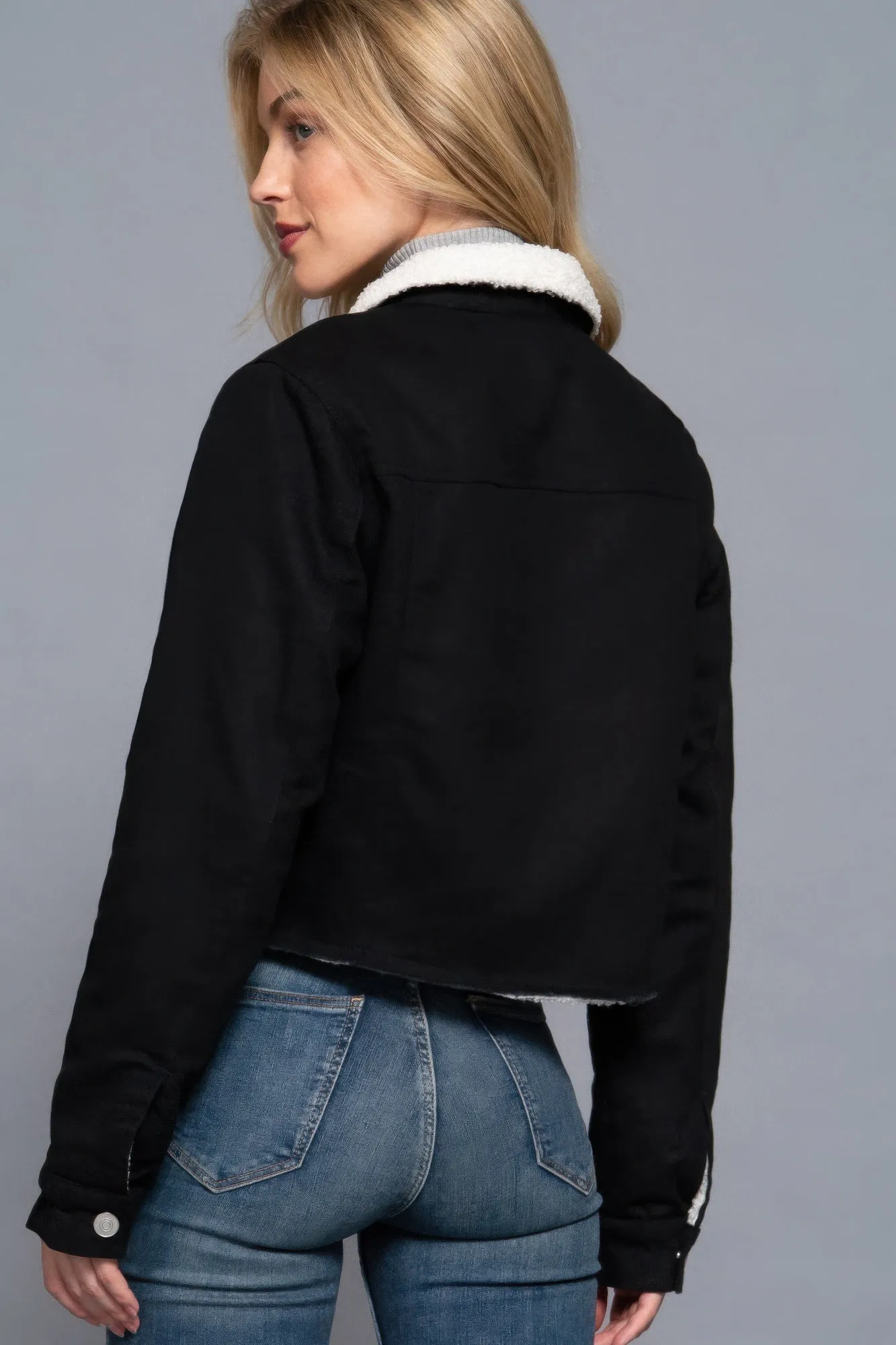 Cozy Button Closure Sherpa-Lined Twill Jacket in Black | Fashion M&J