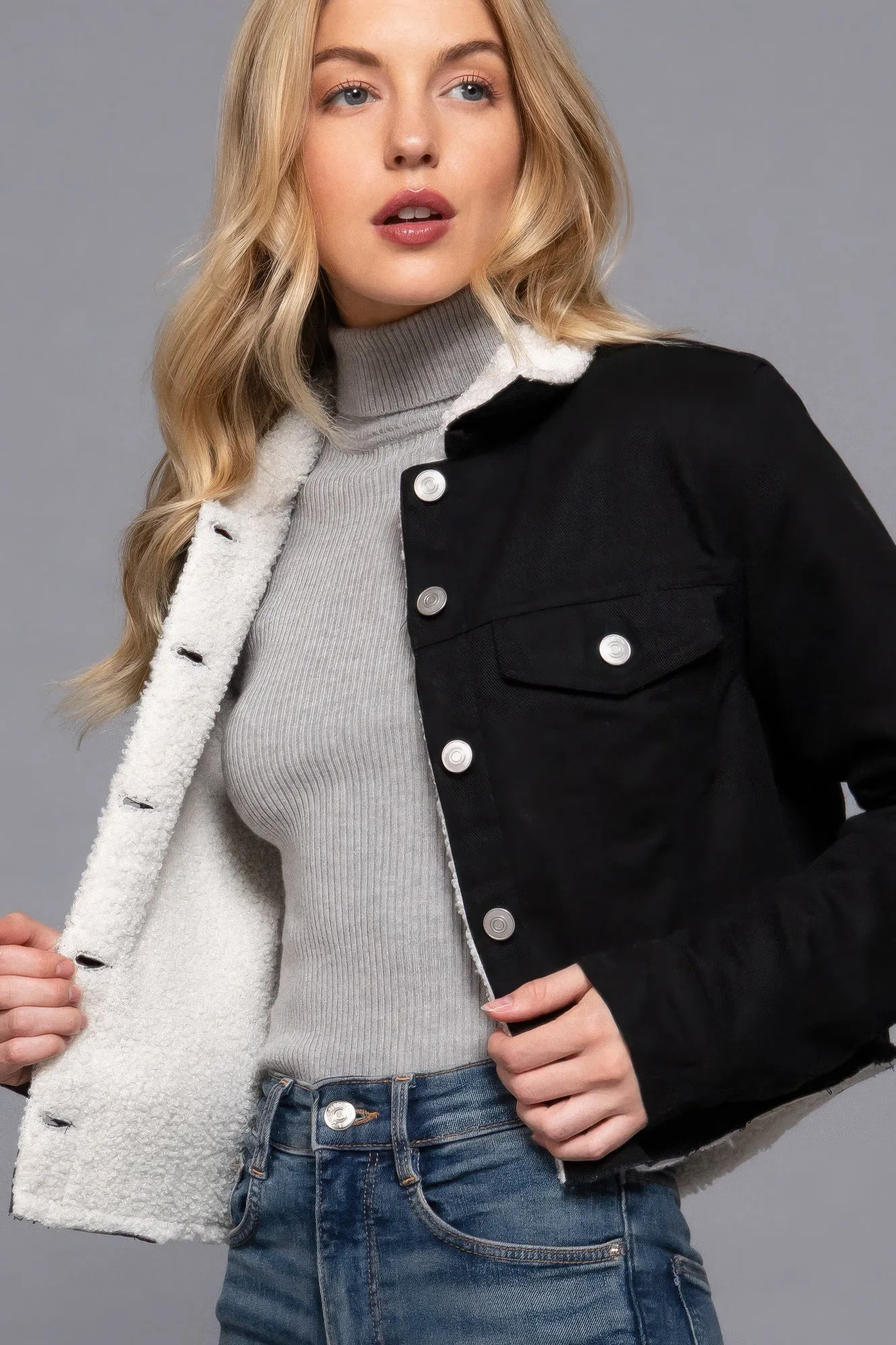 Cozy Button Closure Sherpa-Lined Twill Jacket in Black | Fashion M&J