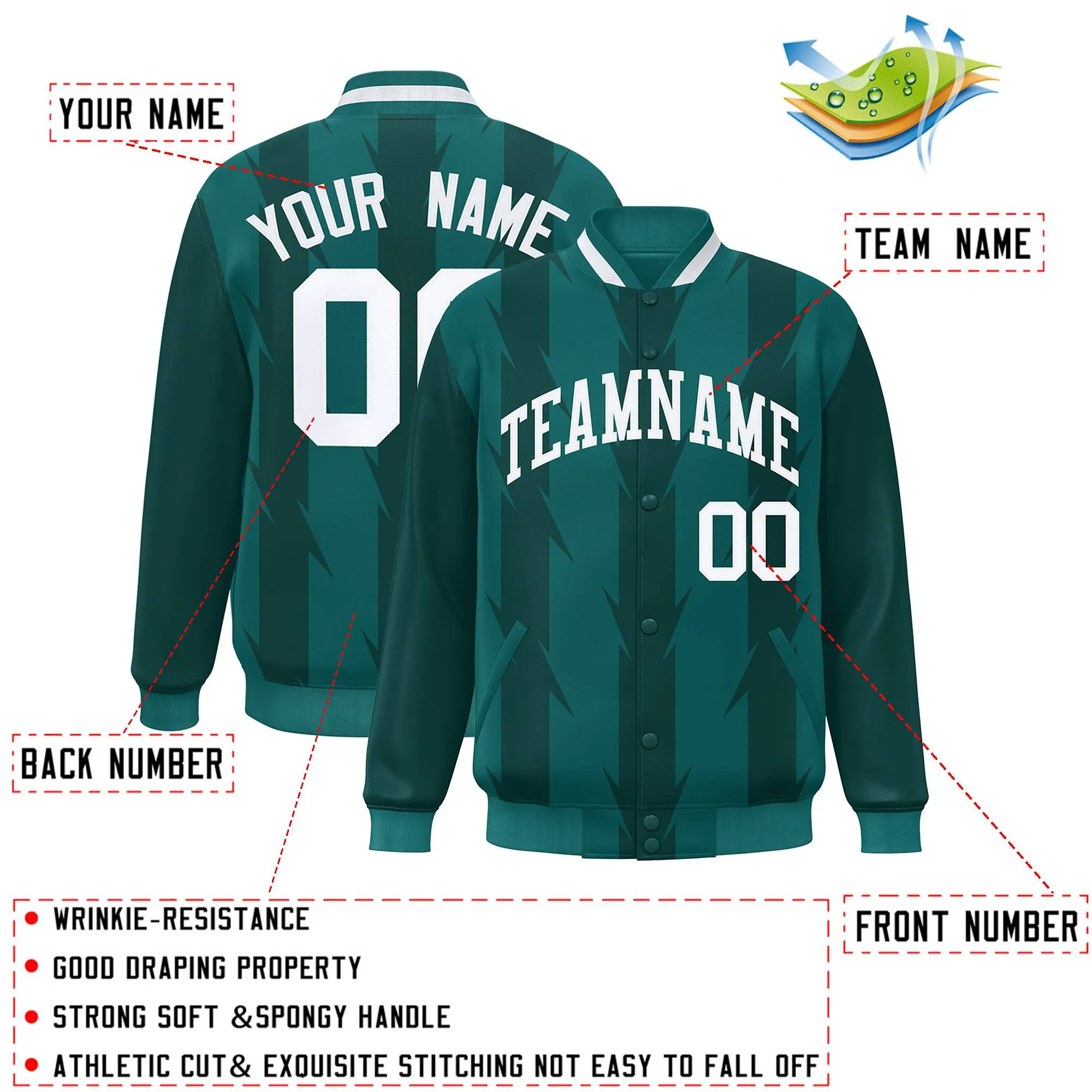 Custom Aqua Aqua Varsity Full-Snap Blade Pattern Raglan Sleeves Letterman Baseball Jacket