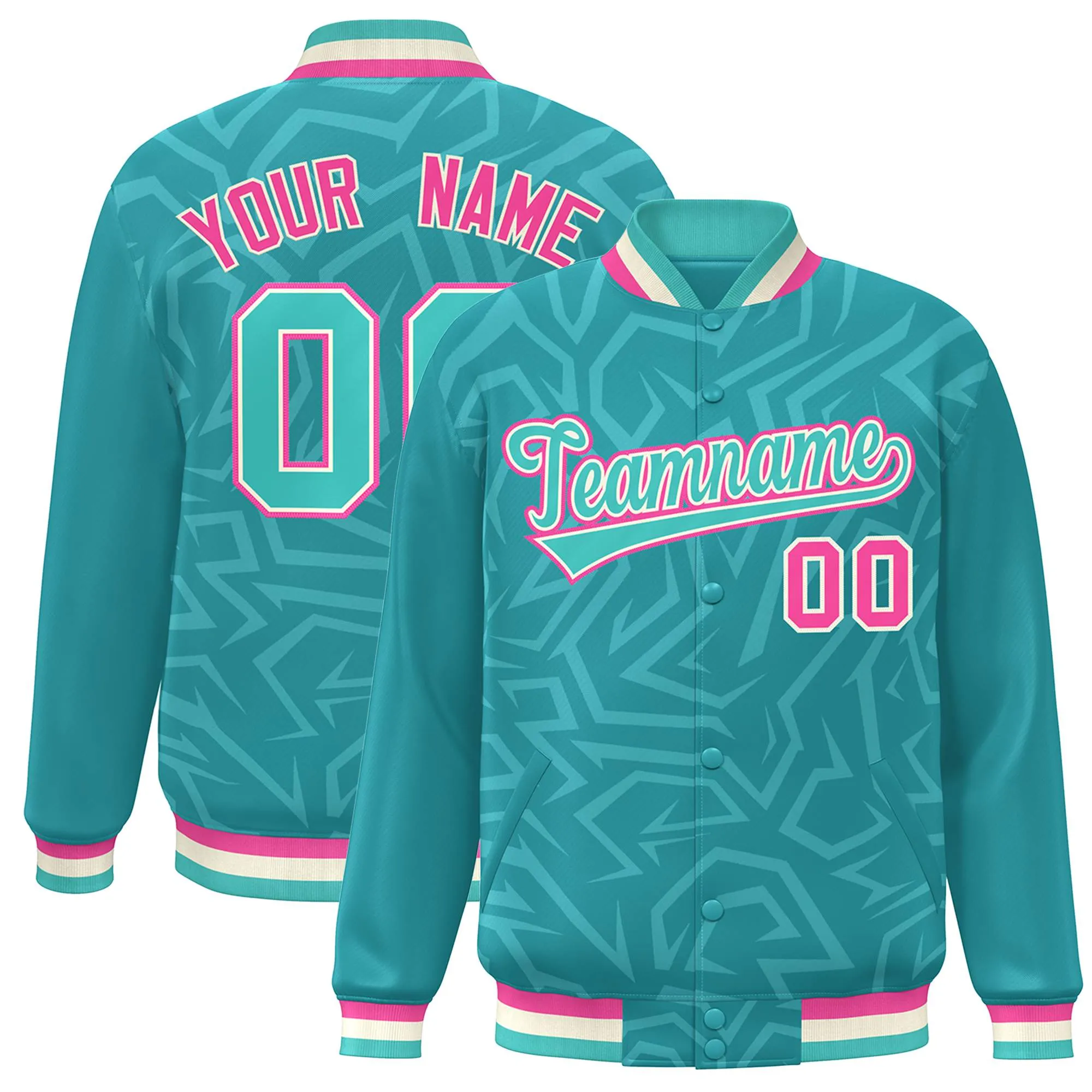 Custom Aqua Cream-Pink Stripe Graffiti Pattern Varsity Full-Snap Jacket