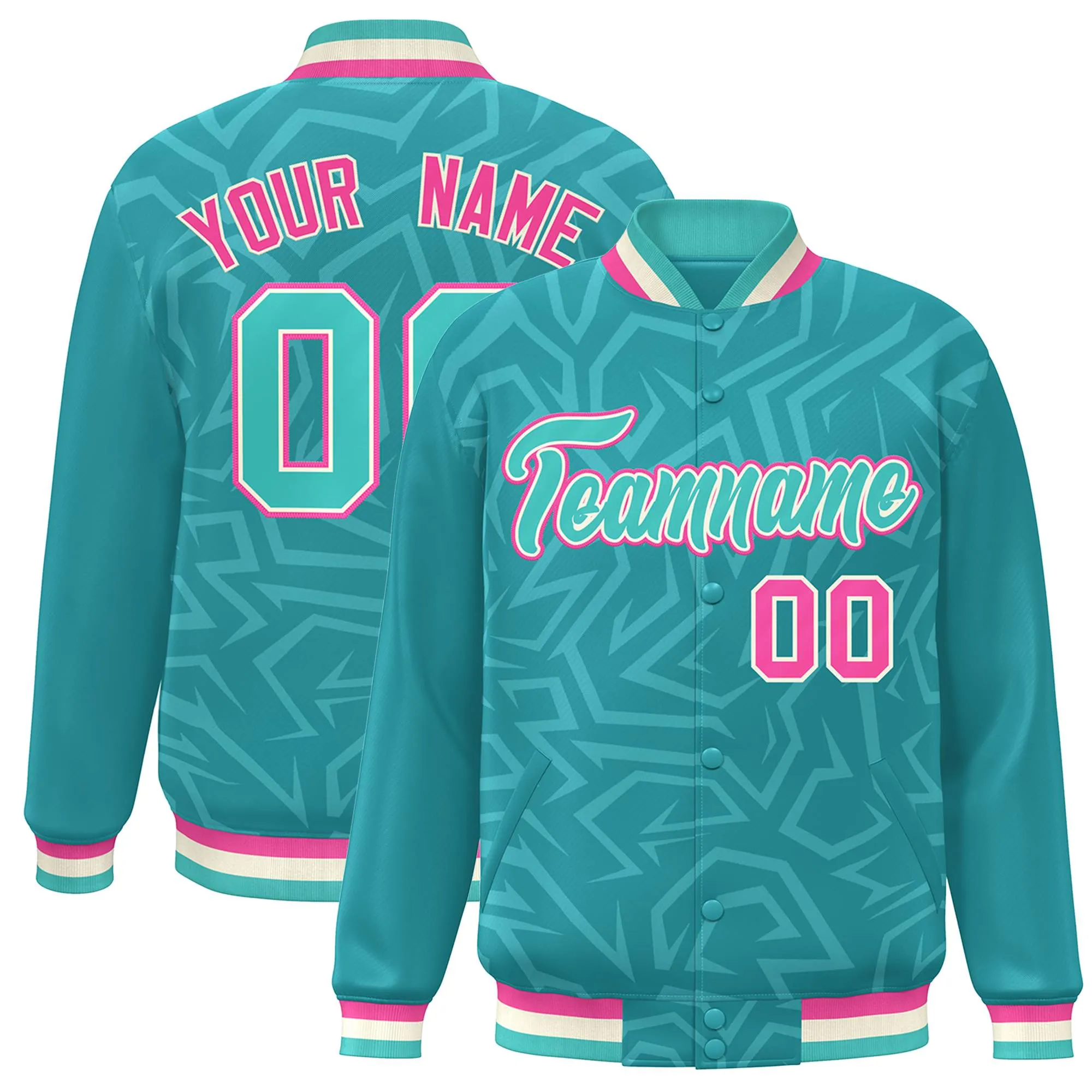 Custom Aqua Cream-Pink Stripe Graffiti Pattern Varsity Full-Snap Jacket