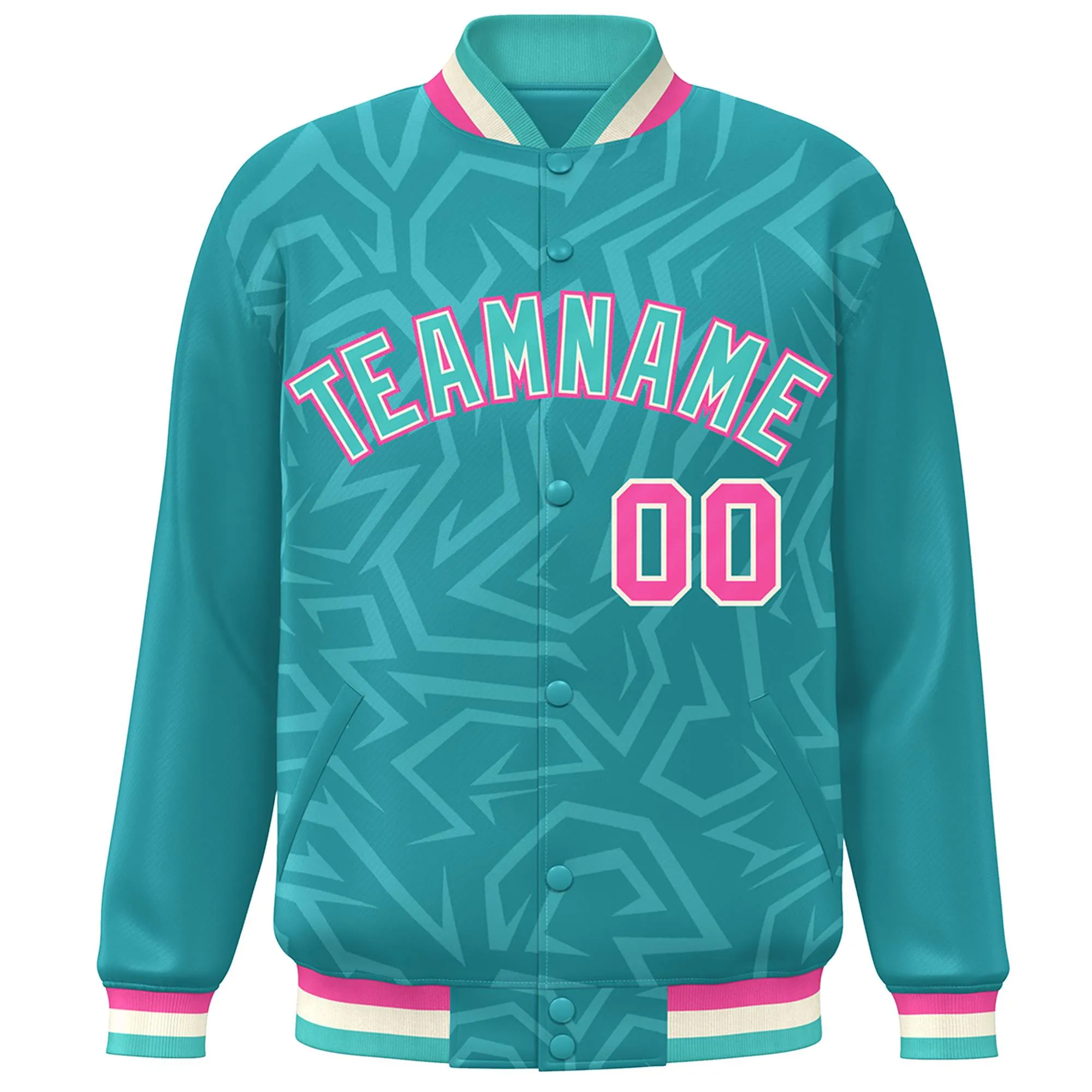 Custom Aqua Cream-Pink Stripe Graffiti Pattern Varsity Full-Snap Jacket