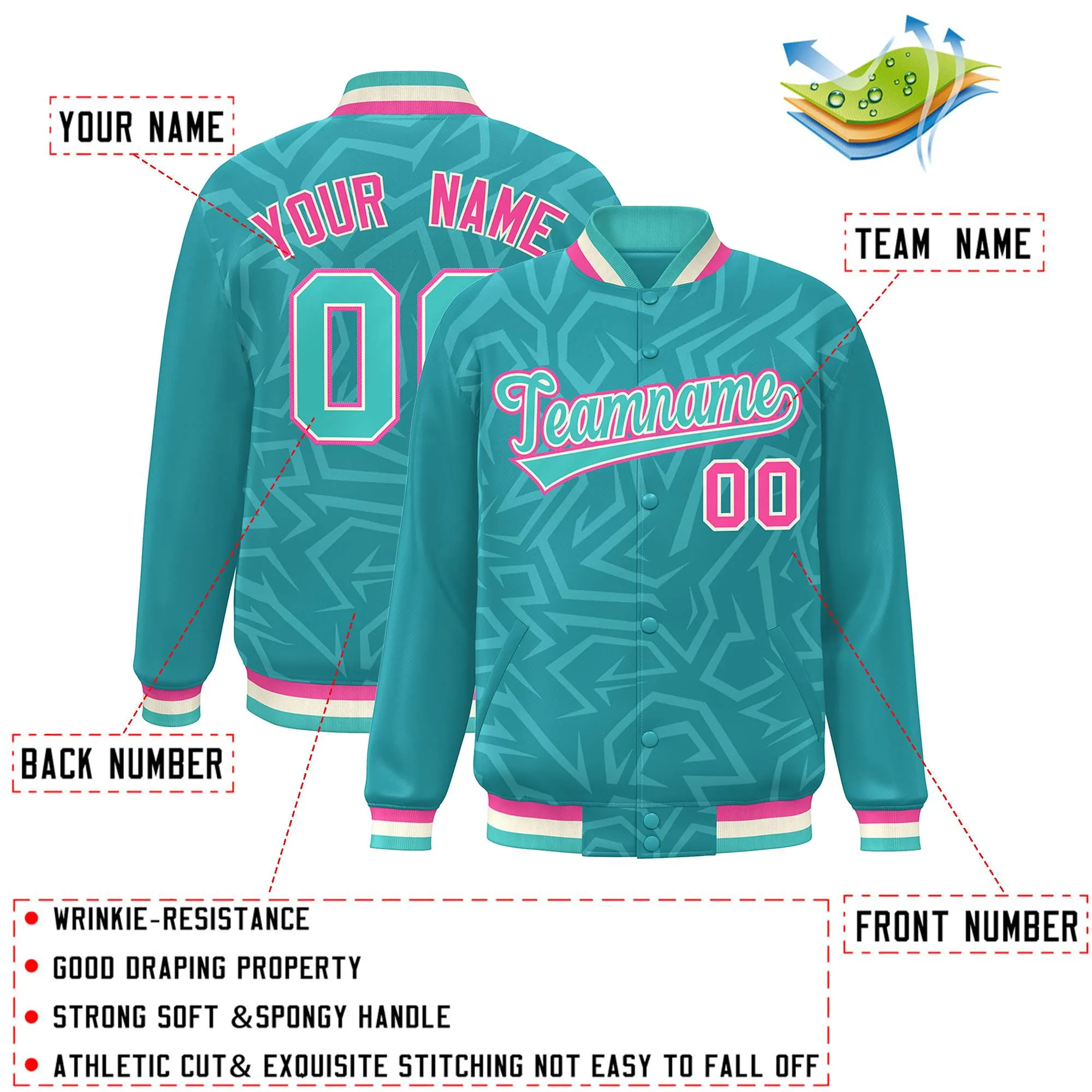 Custom Aqua Cream-Pink Stripe Graffiti Pattern Varsity Full-Snap Jacket