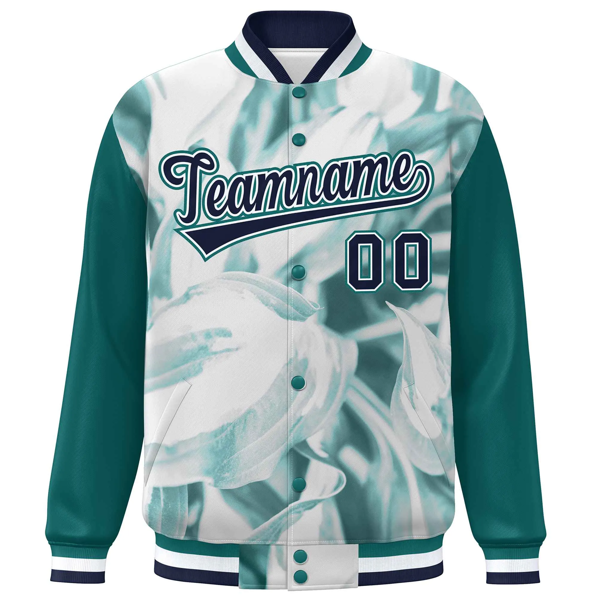 Custom Aqua Navy-White Maple Leaf Raglan Sleeves Bomber Graffiti Pattern Varsity Jacket