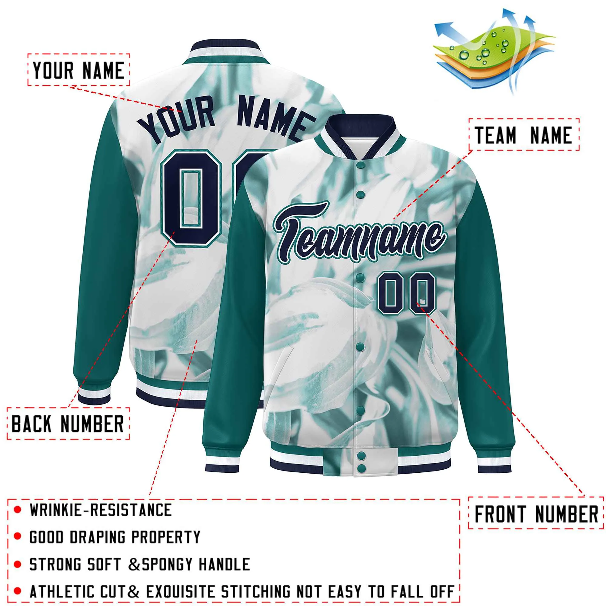 Custom Aqua Navy-White Maple Leaf Raglan Sleeves Bomber Graffiti Pattern Varsity Jacket