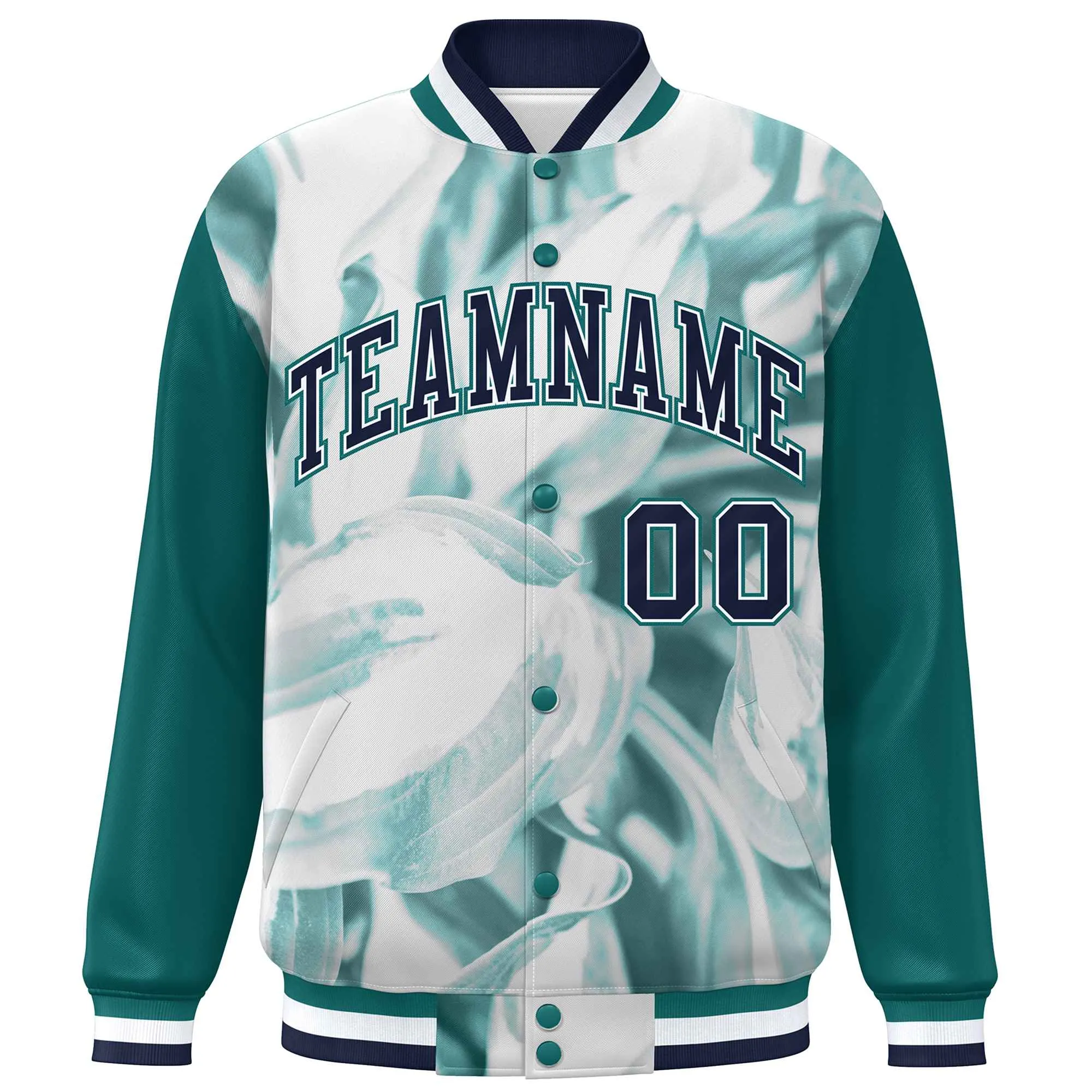 Custom Aqua Navy-White Maple Leaf Raglan Sleeves Bomber Graffiti Pattern Varsity Jacket