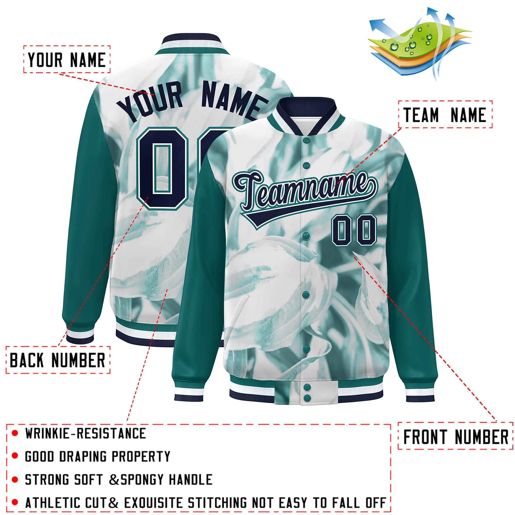 Custom Aqua Navy-White Maple Leaf Raglan Sleeves Bomber Graffiti Pattern Varsity Jacket