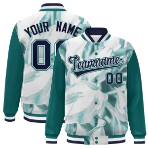 Custom Aqua Navy-White Maple Leaf Raglan Sleeves Bomber Graffiti Pattern Varsity Jacket