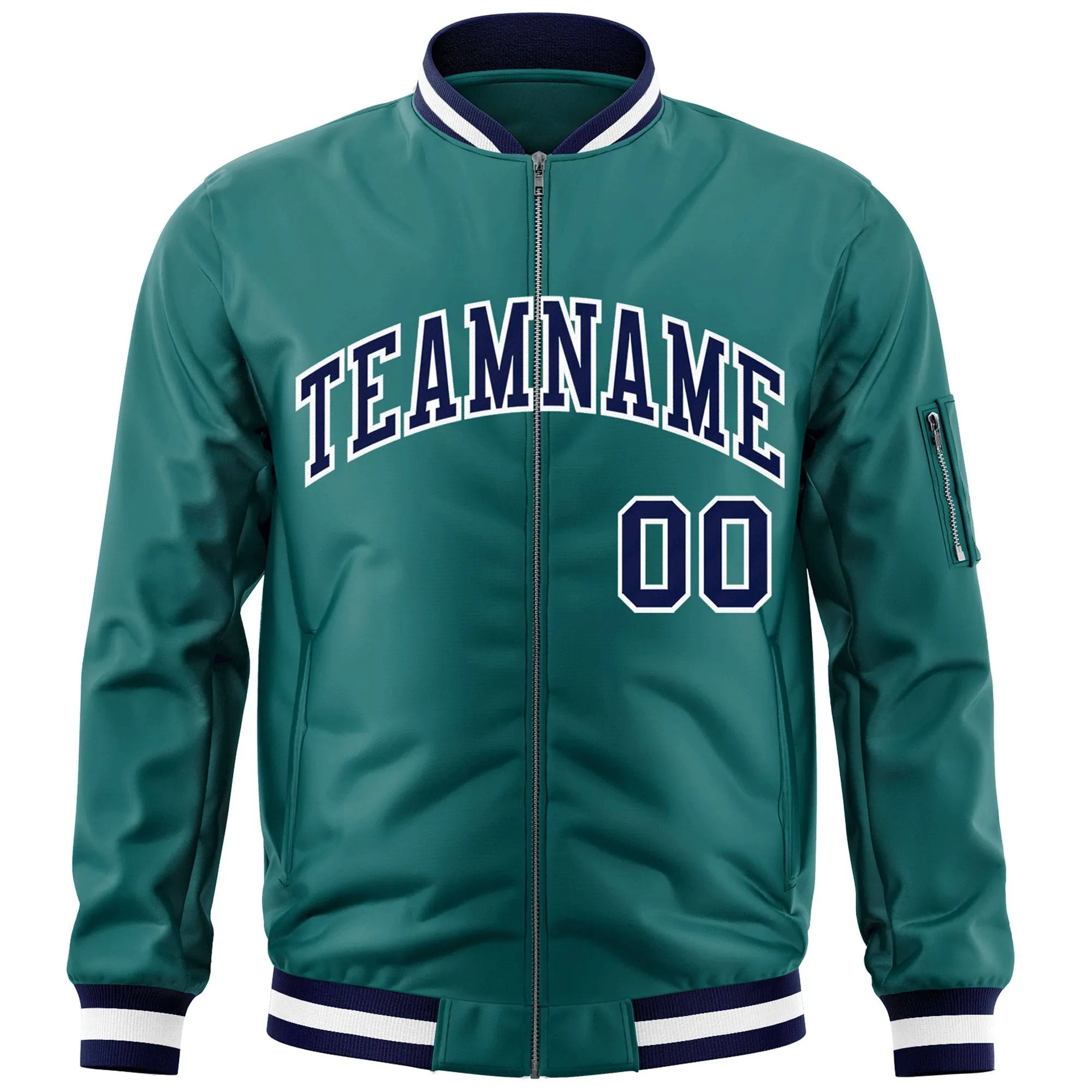 Custom Aqua Navy-White Varsity Full-Zip Letterman Bomber Jacket