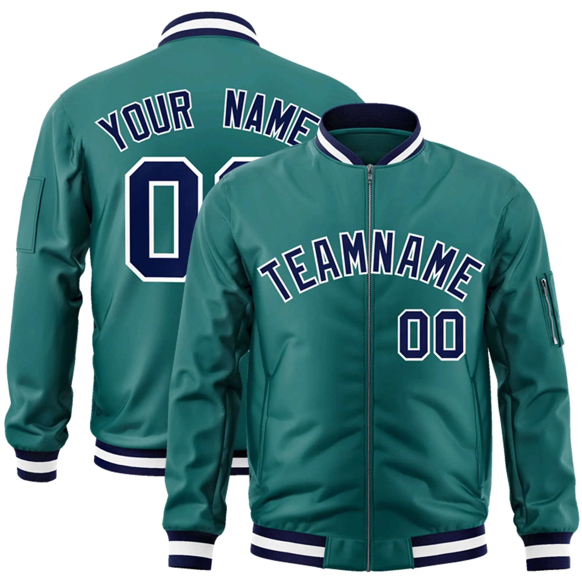 Custom Aqua Navy-White Varsity Full-Zip Letterman Bomber Jacket