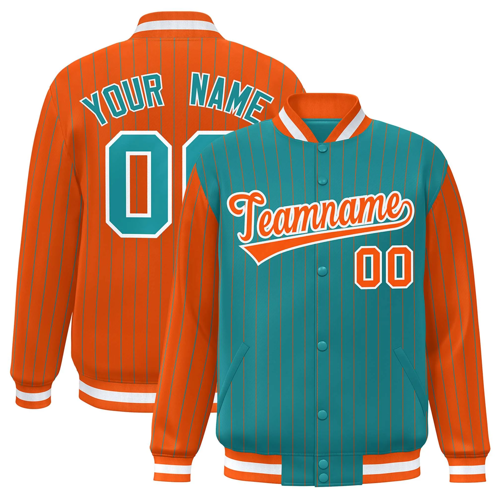 Custom Aqua Orange Raglan Sleeves Varsity Full-Snap Pinstripe Letterman Baseball Jacket