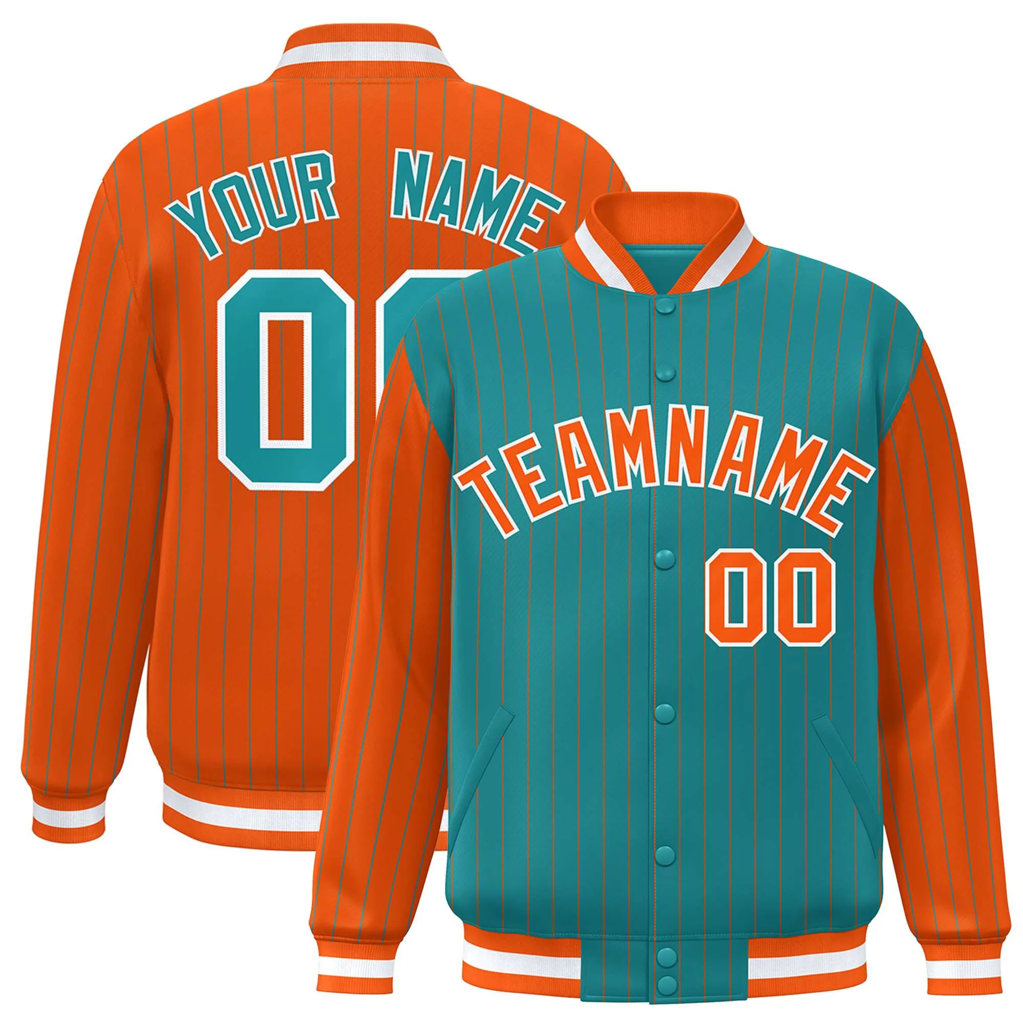 Custom Aqua Orange Raglan Sleeves Varsity Full-Snap Pinstripe Letterman Baseball Jacket