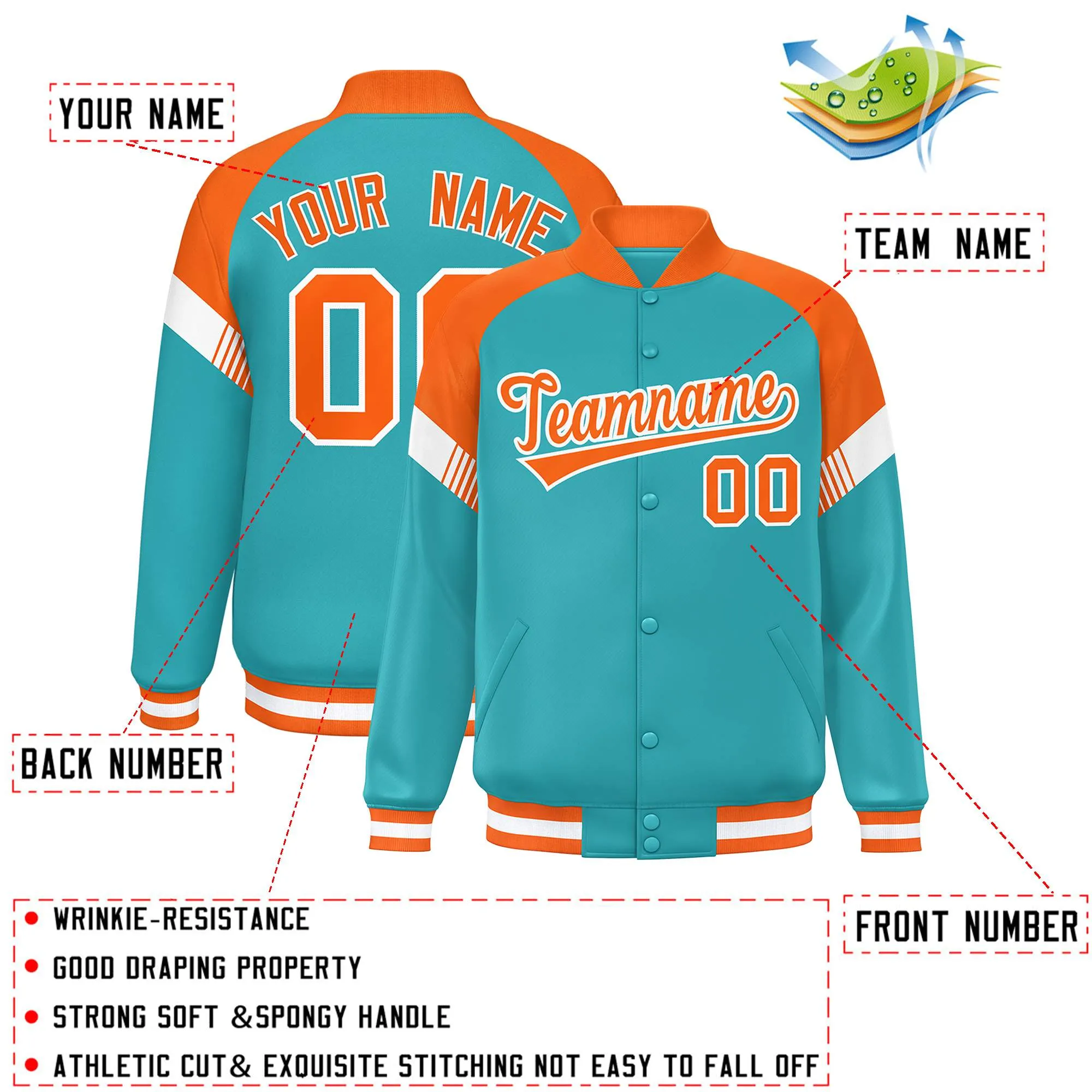 Custom Aqua Orange-White Varsity Full-Snap Color Block Letterman Jacket