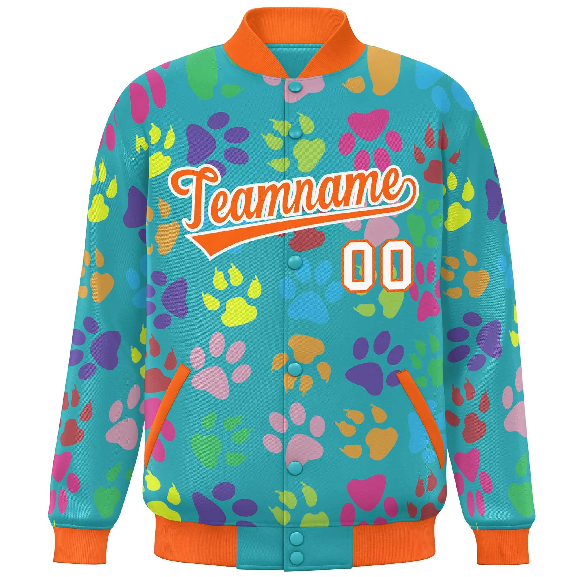 Custom Aqua Orange-White Varsity Pets Paw Prints Graffiti Pattern Letterman Baseball Jacket