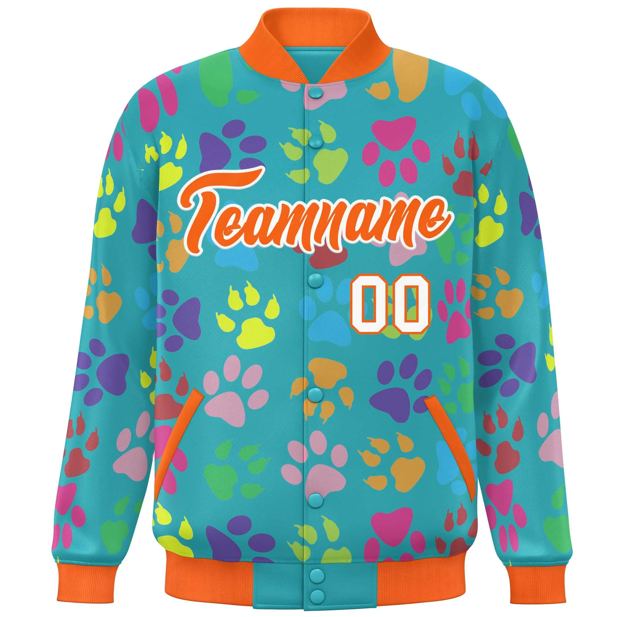 Custom Aqua Orange-White Varsity Pets Paw Prints Graffiti Pattern Letterman Baseball Jacket