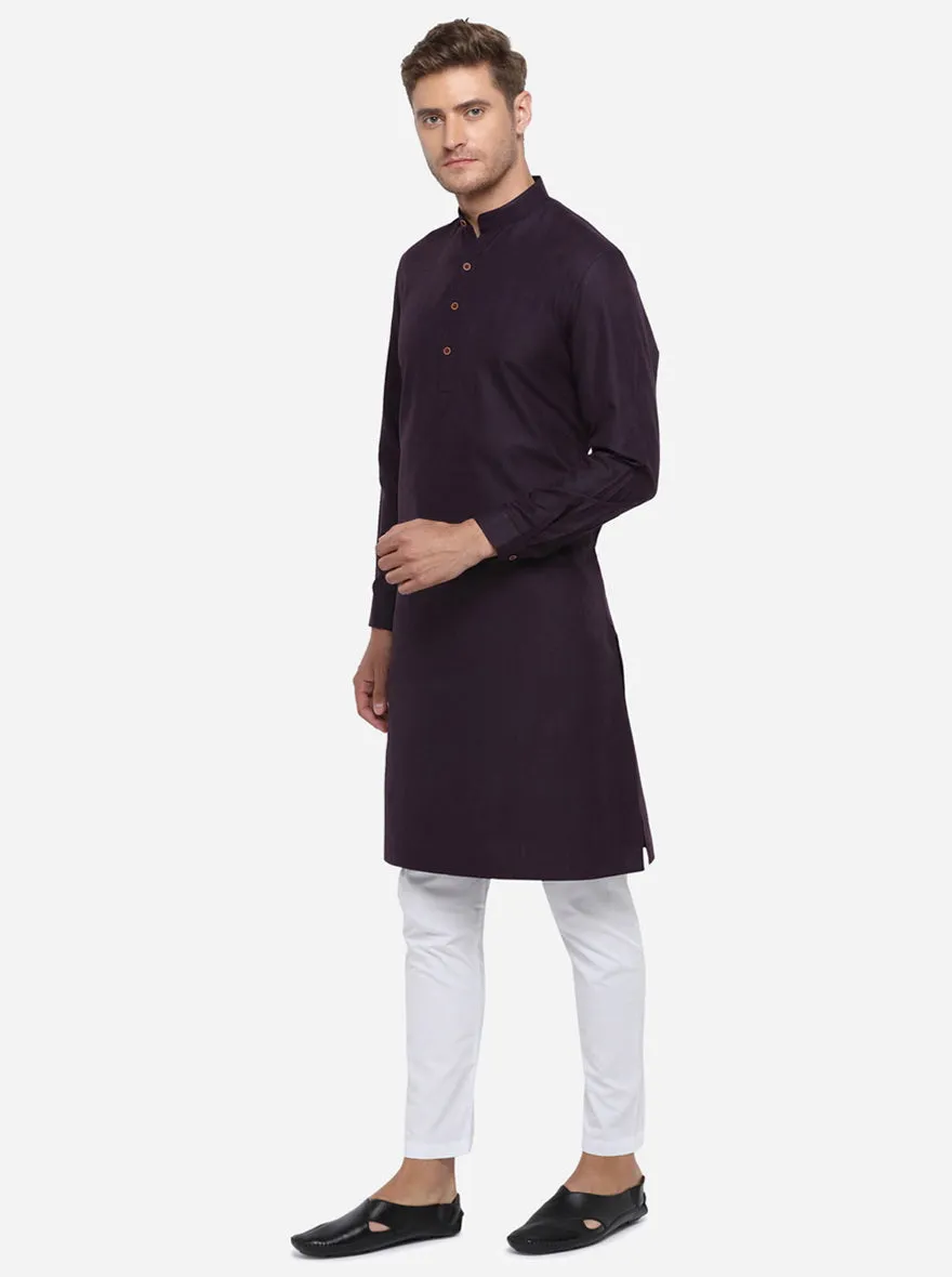 Dark Purple Self Design Regular Fit Modi Kurta | JadeBlue