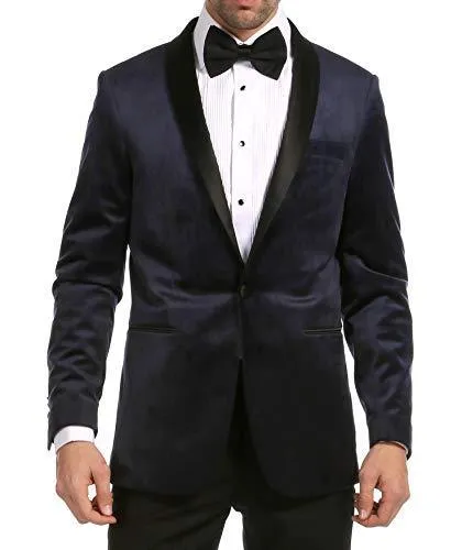 Enzo Navy Velvet Slim Fit Shawl Lapel Tuxedo Men's Blazer