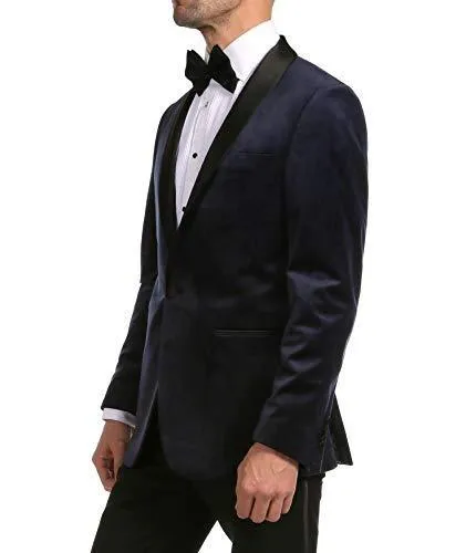 Enzo Navy Velvet Slim Fit Shawl Lapel Tuxedo Men's Blazer