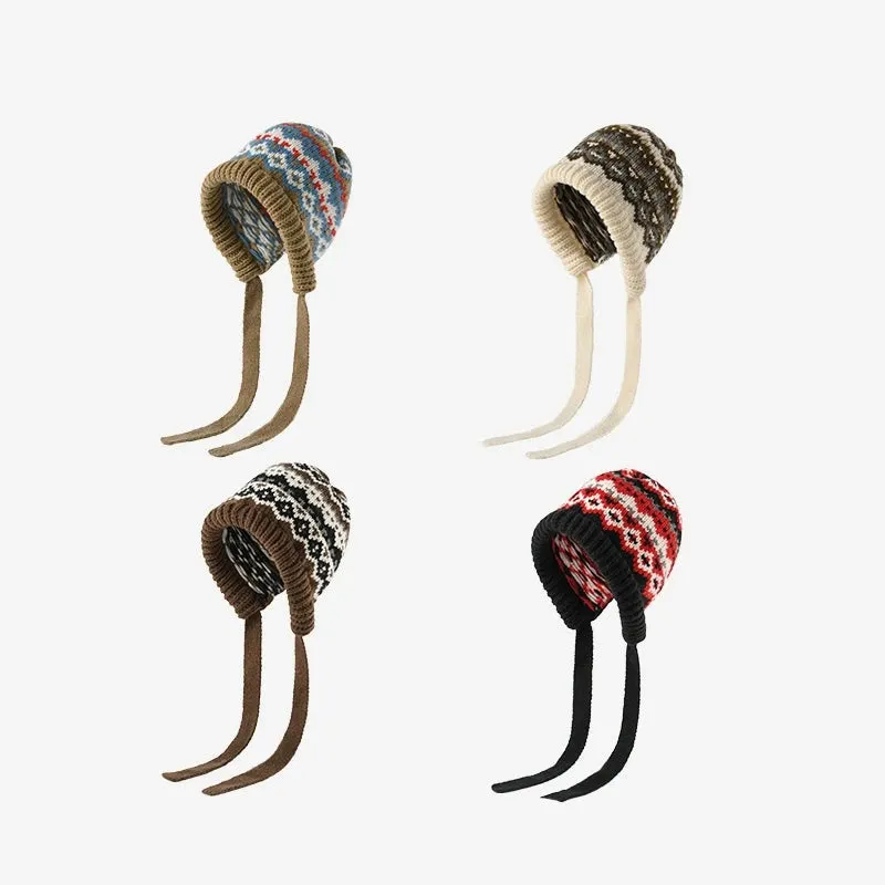 Fair Isle Style Knitted Hat for Women - Windproof Ear Protector Hood