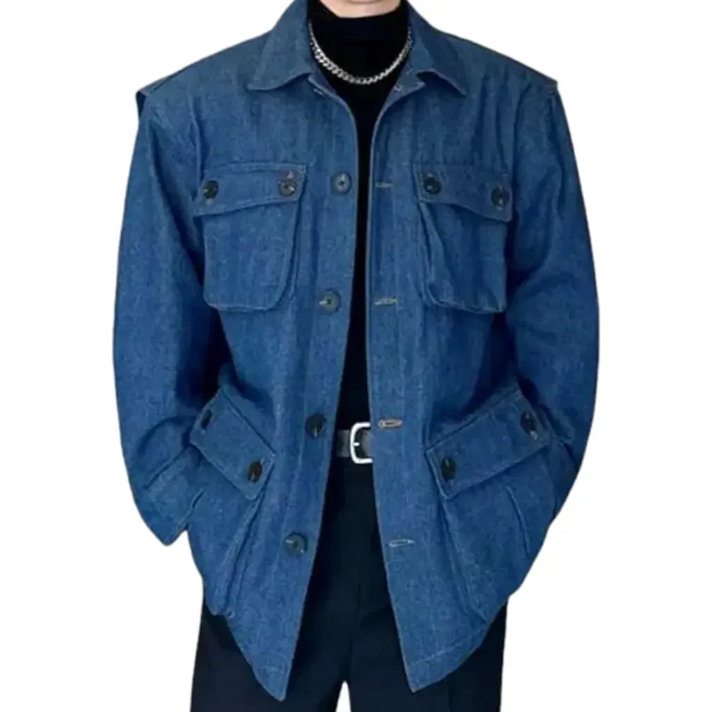 Fashionable cargo pockets men's denim jacket