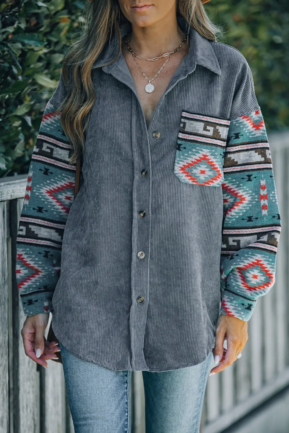 Geometric Button Up Dropped Shoulder Jacket Light Women's Jackets Boho Fashion