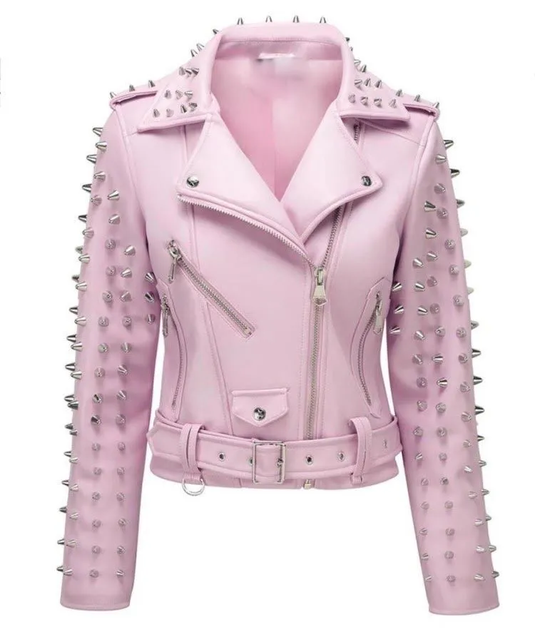 Hot Pink Studs Leather Jacket