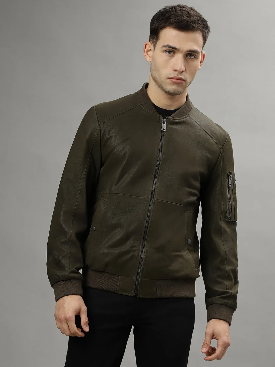 Iconic Men Olive Solid Stand Collar Long Sleeves Bomber Leather Jacket