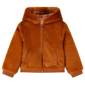 Kids' Hooded Faux Fur Jacket - Cognac | Warm & Comfortable Outerwear for Ages 7-8