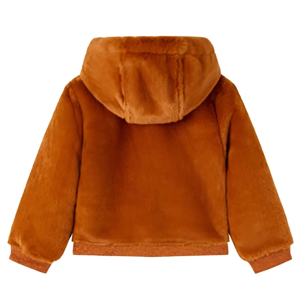 Kids' Hooded Faux Fur Jacket - Cognac | Warm & Comfortable Outerwear for Ages 7-8