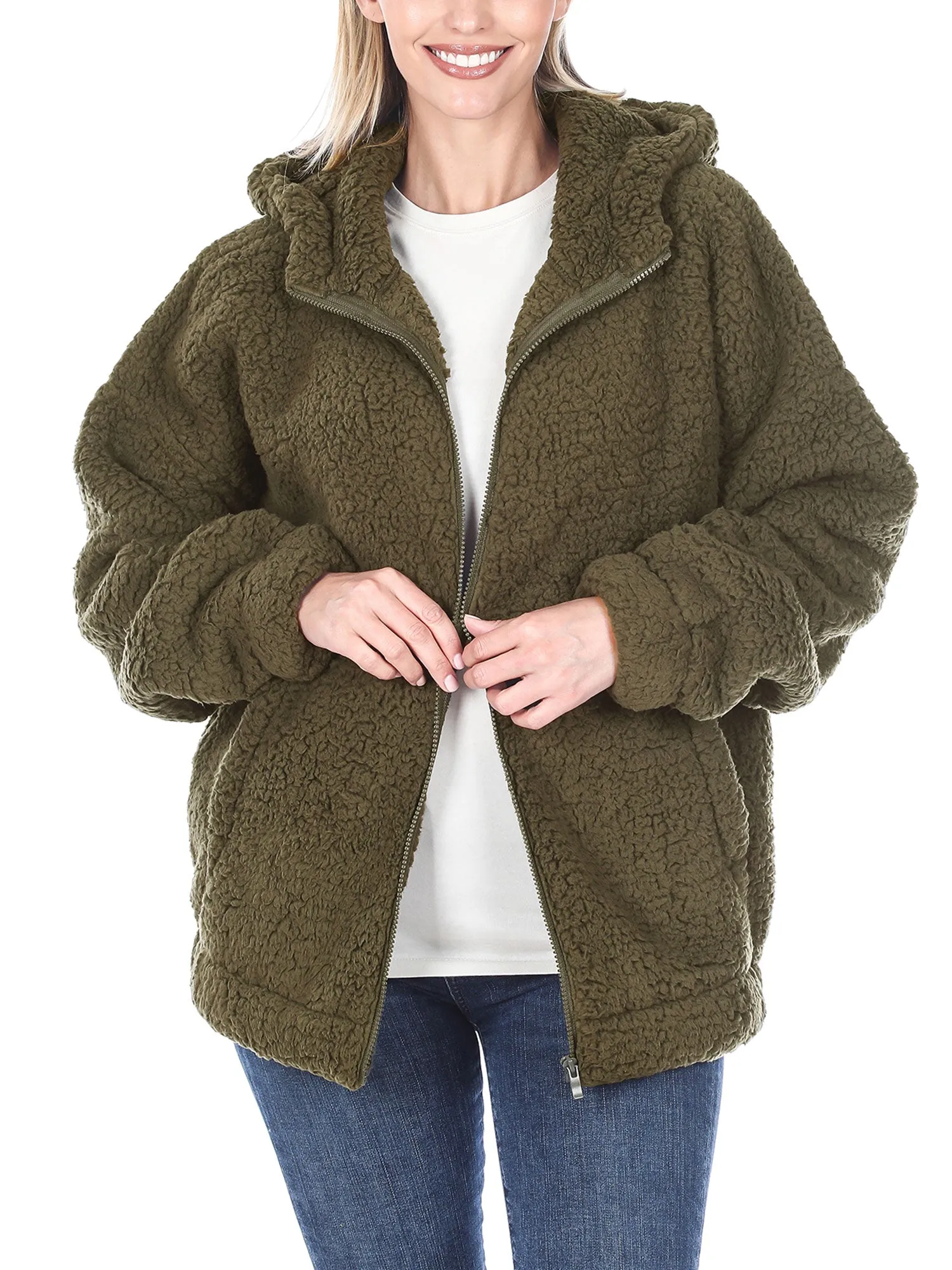 KOGMO Women's Soft Sherpa Zip Up Jacket with Hoodie