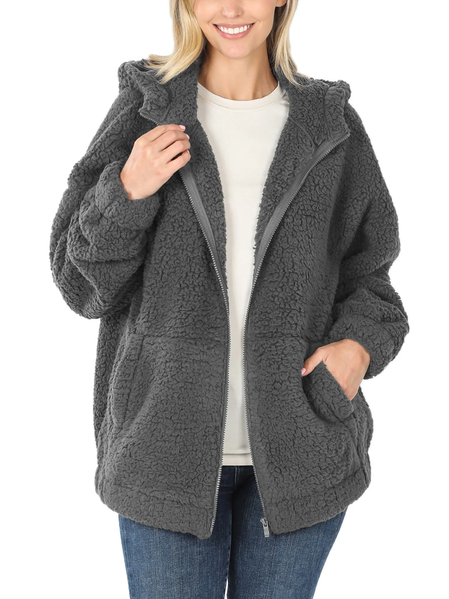 KOGMO Women's Soft Sherpa Zip Up Jacket with Hoodie