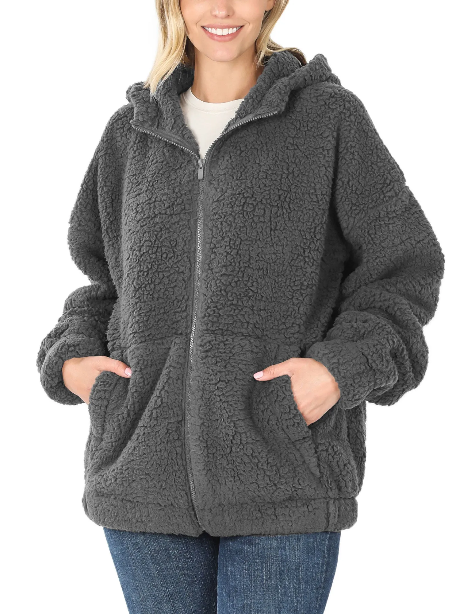 KOGMO Women's Soft Sherpa Zip Up Jacket with Hoodie