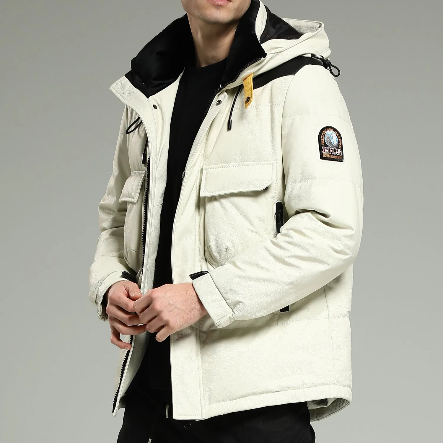 Leather Down Jackets - Luxurious Warm White Hooded Leather Down Jacket