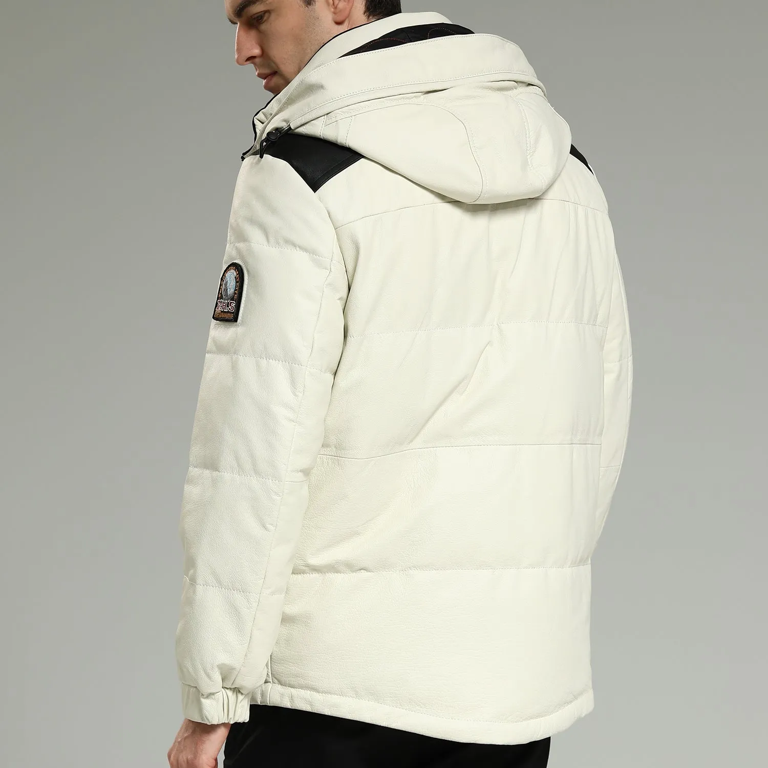 Leather Down Jackets - Luxurious Warm White Hooded Leather Down Jacket