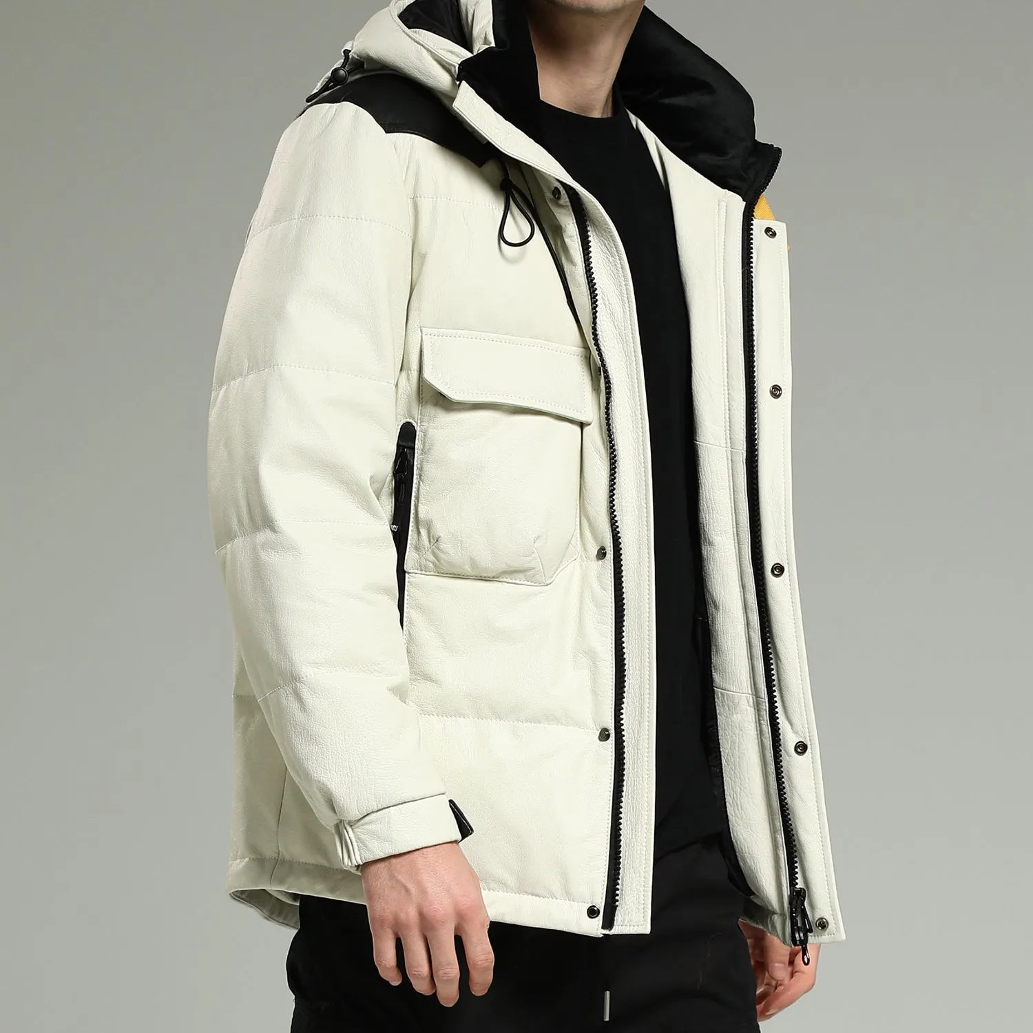 Leather Down Jackets - Luxurious Warm White Hooded Leather Down Jacket