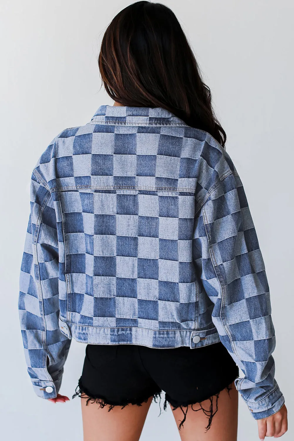 Light Blue Checkered Patchwork Button up Denim Jacket