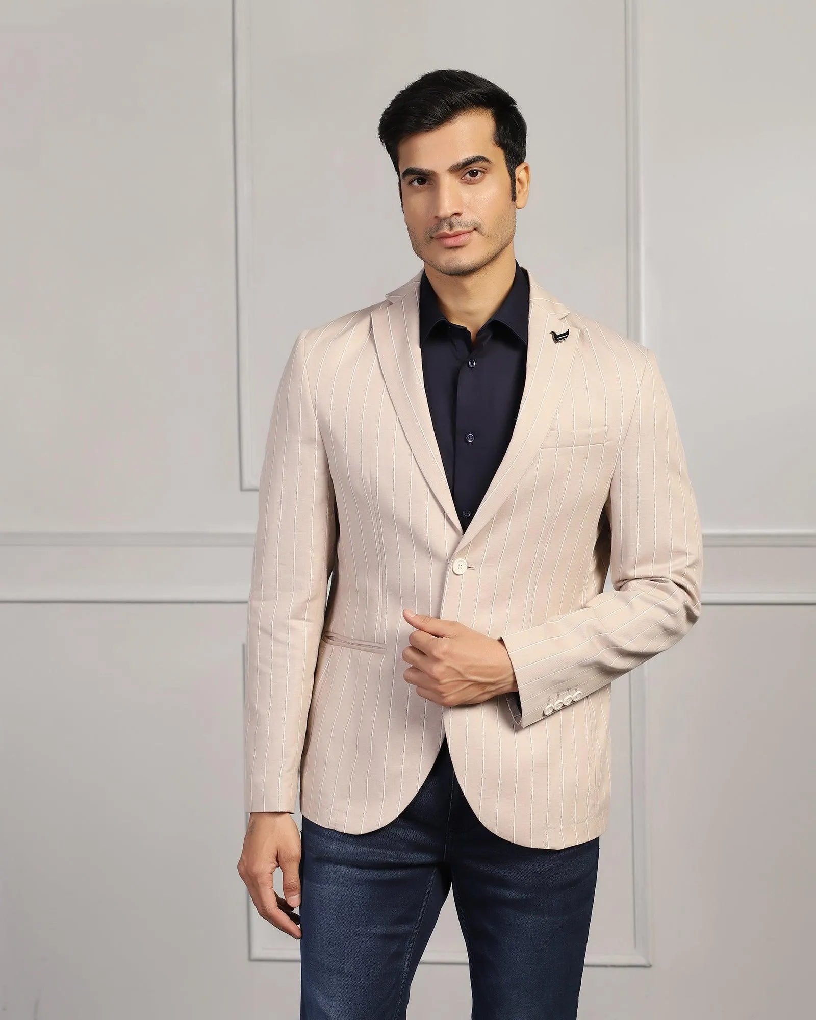 Linen Casual Beige Stripe Blazer - Moses